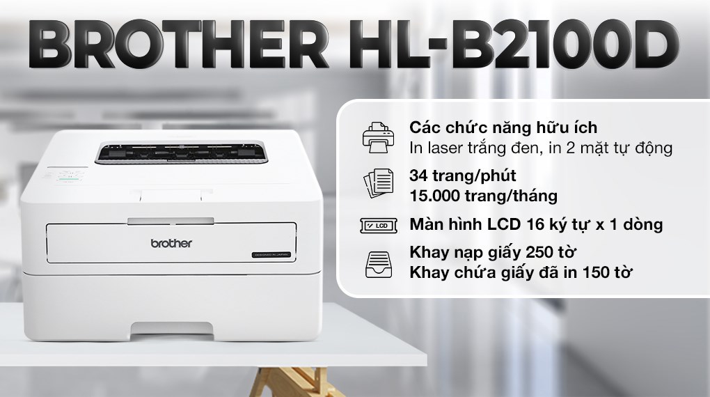 Máy in laser trắng đen Brother HL-B2100D chính hãng, in 2 mặt tự động, thiết kế hiện đại.