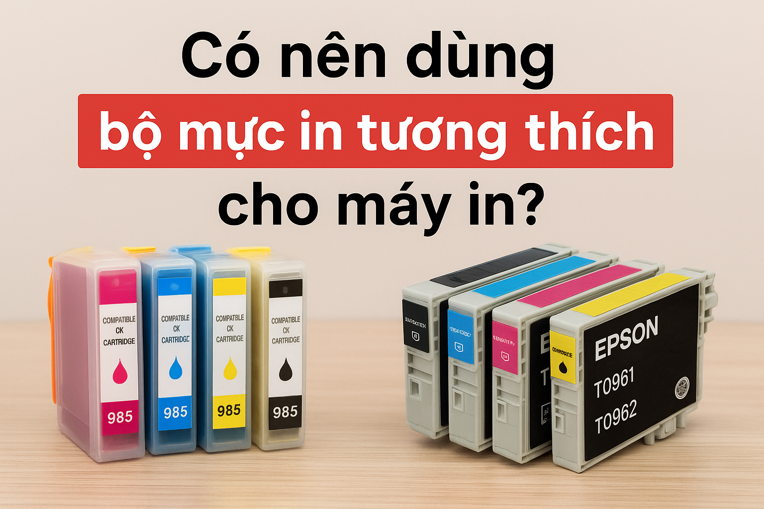 Bộ mực in tương thích và mực in chính hãng Epson đặt cạnh nhau, câu hỏi "Có nên dùng bộ mực in tương thích cho máy in?"
