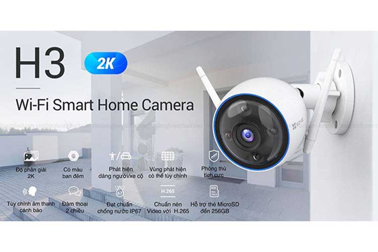 Camera Wifi Ezviz H3 2K ngoài trời chống nước, độ phân giải 2K, có màu ban đêm, phát hiện người bằng AI.