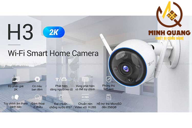 Camera Wifi Ezviz H3 2K ngoài trời chống nước, độ phân giải 2K, có màu ban đêm, phát hiện người bằng AI.