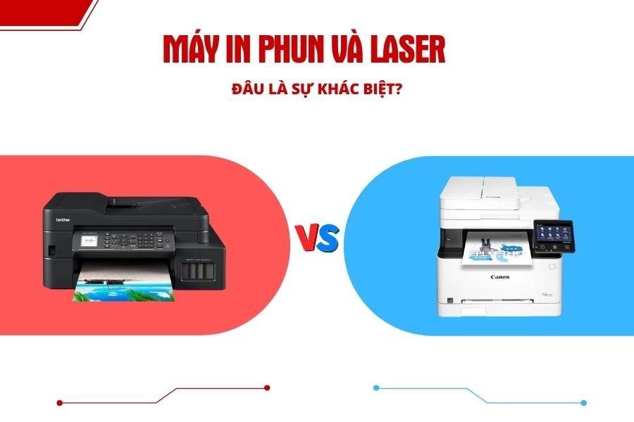So sánh máy in laser và máy in phun đặt cạnh nhau, nửa trái là máy in phun màu, nửa phải là máy in laser trắng đen.