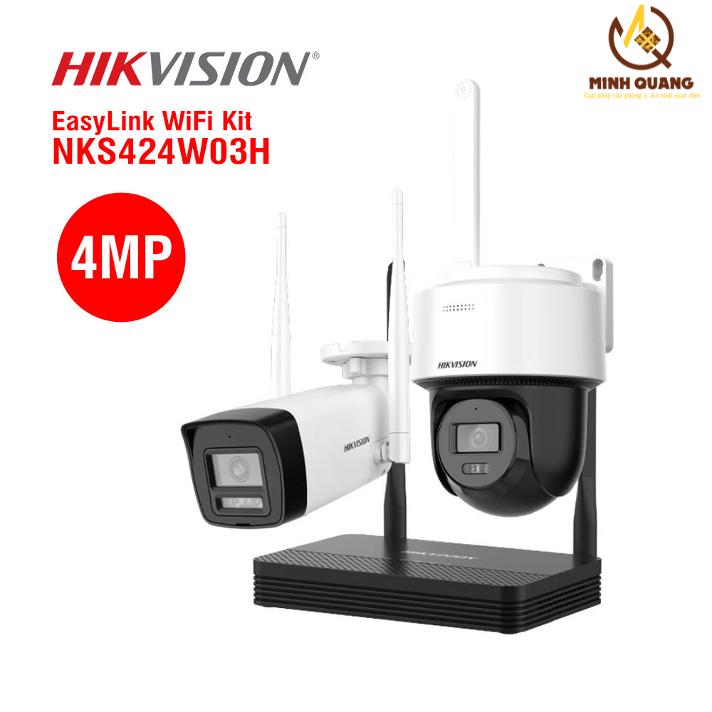 Bộ Kit Wifi EasyLink HIKVISION NKS424W03H gồm 4 camera wifi Full HD và đầu ghi hình, kết nối không dây, giám sát an ninh 24/7 cho gia đình và doanh nghiệp.