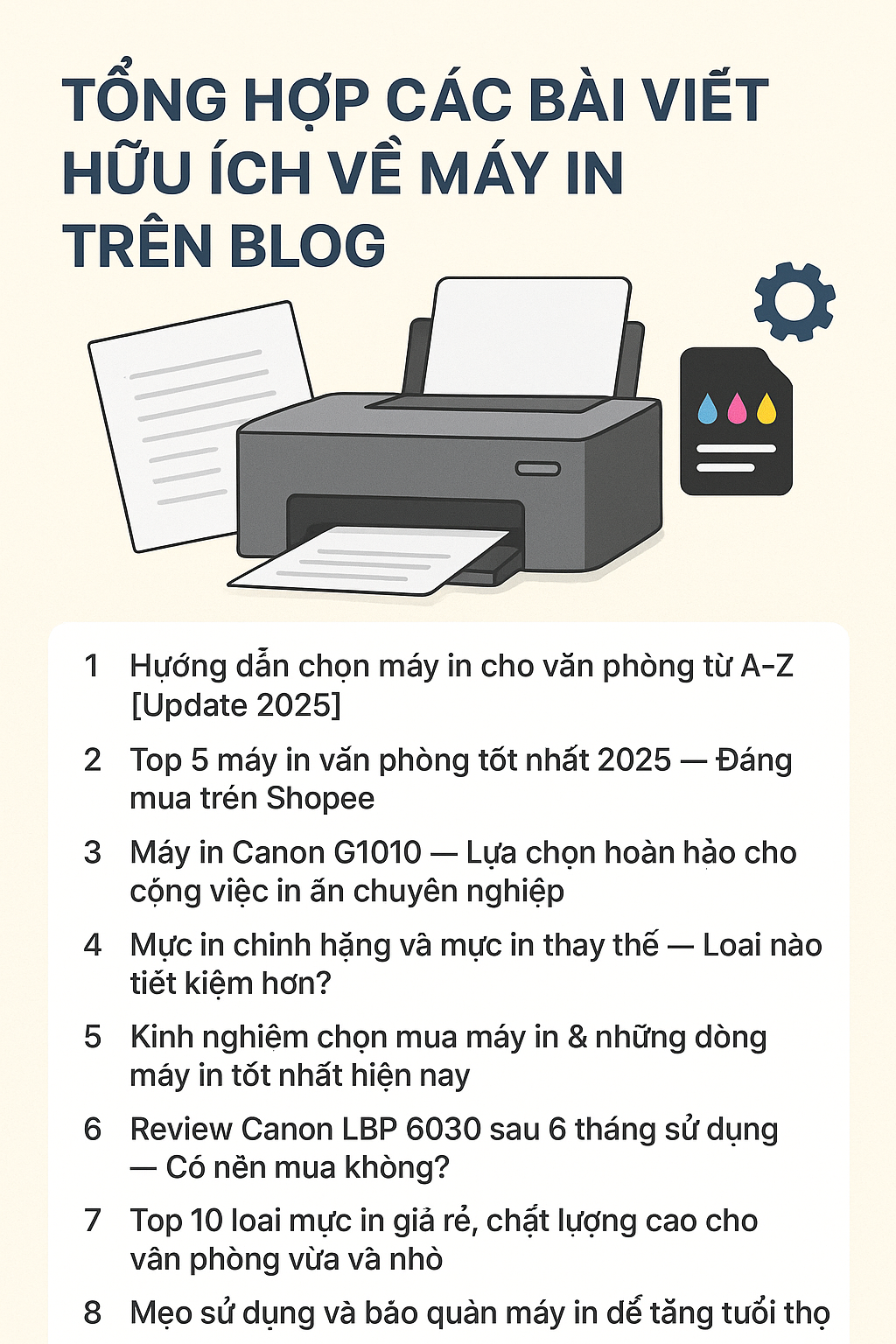 Ảnh minh họa tổng hợp các bài viết hữu ích về máy in, hướng dẫn chọn mua, review sản phẩm và mẹo sử dụng máy in 2025.