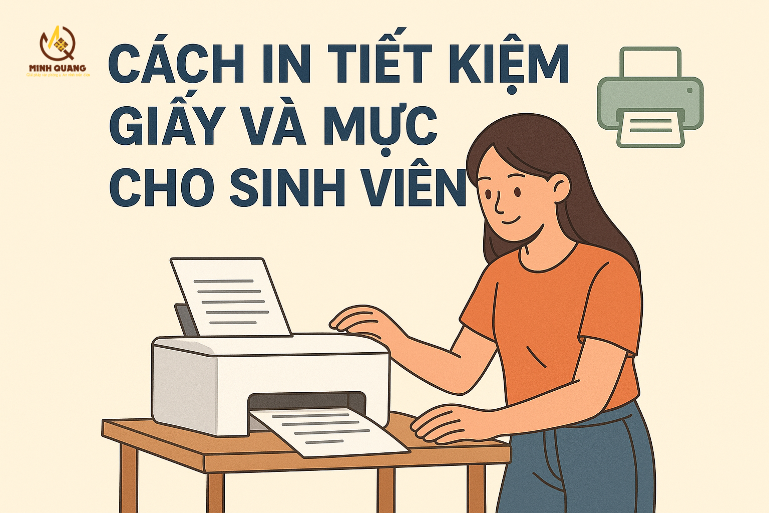 Sinh viên đang in tài liệu bằng máy in nhỏ gọn, biểu tượng tiết kiệm giấy và mực, minh họa cho bài viết cách in tiết kiệm giấy và mực cho sinh viên.