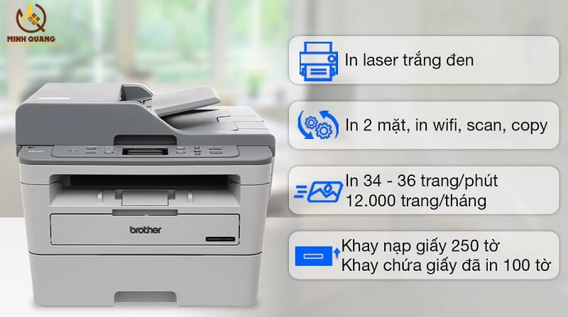 Máy in Brother B7535DW đa năng 4 trong 1, tốc độ in nhanh, kết nối WiFi tiện lợi cho văn phòng.