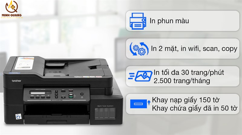 Máy in màu Brother DCP-T720DW chính hãng, hỗ trợ in WiFi, in 2 mặt tự động, đa năng 3 trong 1, tiết kiệm mực cho văn phòng và gia đình.