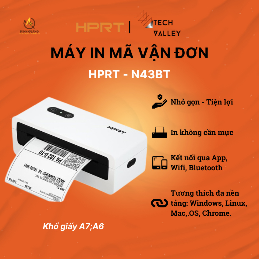 Máy in đơn hàng HPRT N43BT in nhiệt không mực, kết nối Bluetooth, tốc độ cao, in vận đơn Shopee, Lazada nhanh chóng.