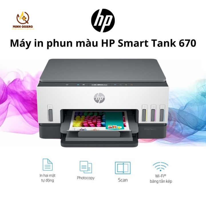Máy in HP Smart Tank 670 chính hãng, in phun màu tiết kiệm mực, kết nối WiFi, phù hợp cho văn phòng nhỏ và hộ gia đình.