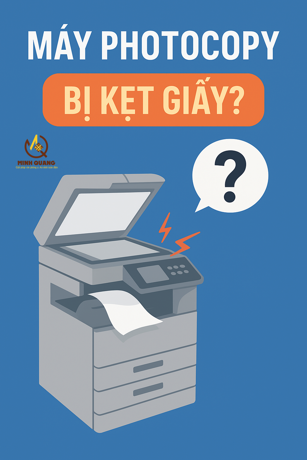 Ảnh minh họa máy photocopy bị kẹt giấy với cảnh báo lỗi, dùng cho bài viết hướng dẫn nguyên nhân và cách khắc phục lỗi kẹt giấy máy photocopy.