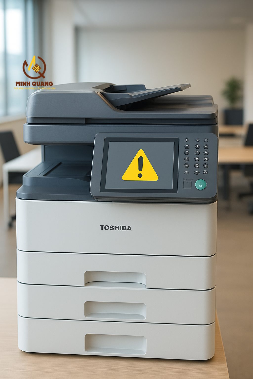 Máy photocopy Toshiba hiển thị cảnh báo lỗi trong văn phòng.