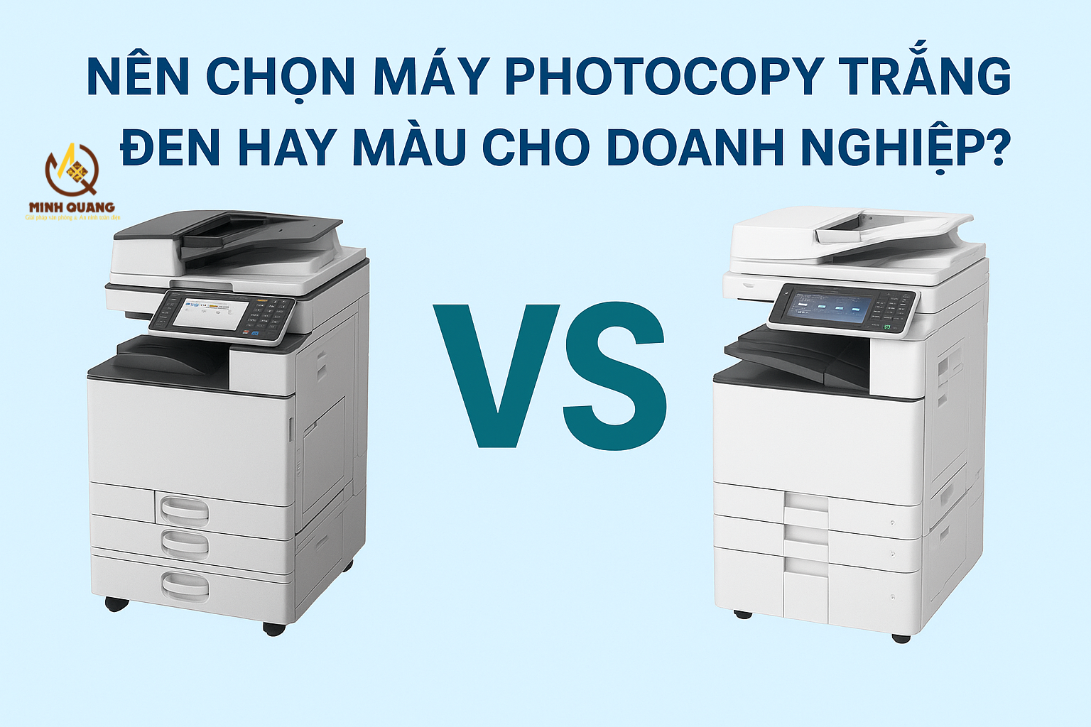 Hình ảnh so sánh máy photocopy trắng đen và máy photocopy màu, minh họa cho lựa chọn phù hợp cho doanh nghiệp.