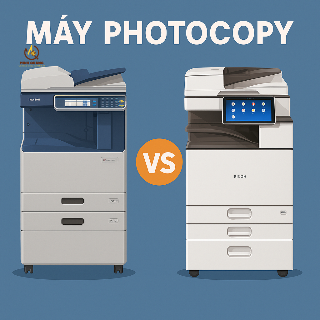 So sánh máy photocopy Ricoh và Toshiba – hình ảnh hai mẫu máy đặt cạnh nhau để lựa chọn thương hiệu phù hợp khi thuê.