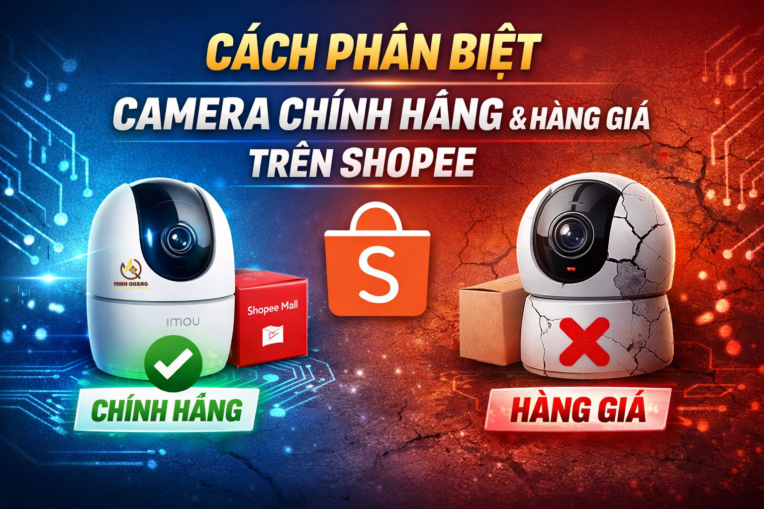 Phân biệt camera chính hãng và hàng giả trên Shopee qua bao bì, giá bán và gian hàng uy tín.