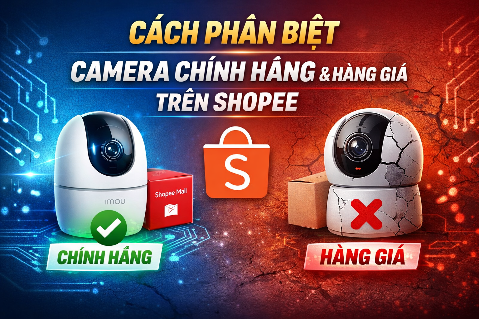 Phân biệt camera chính hãng và hàng giả trên Shopee qua bao bì, giá bán và gian hàng uy tín.