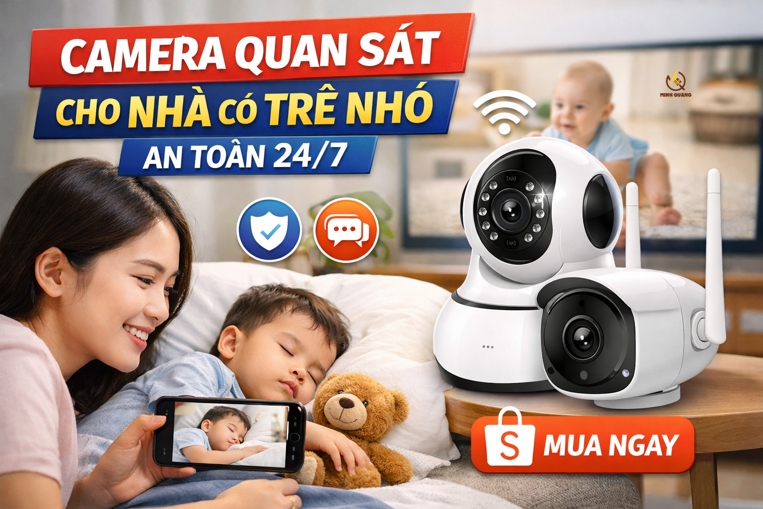 Camera quan sát cho nhà có trẻ nhỏ giúp bố mẹ theo dõi bé an toàn 24/7 qua điện thoại.