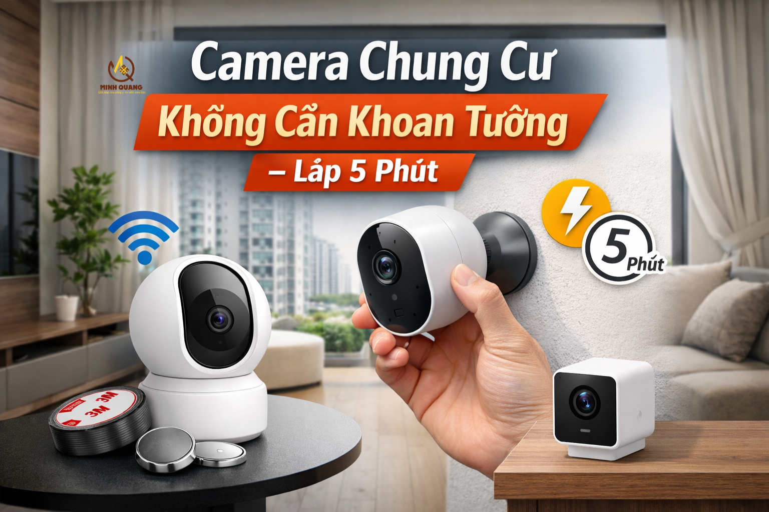 Camera chung cư không cần khoan tường, lắp 5 phút, mẫu WiFi và camera pin dễ gắn bằng keo 3M hoặc nam châm.