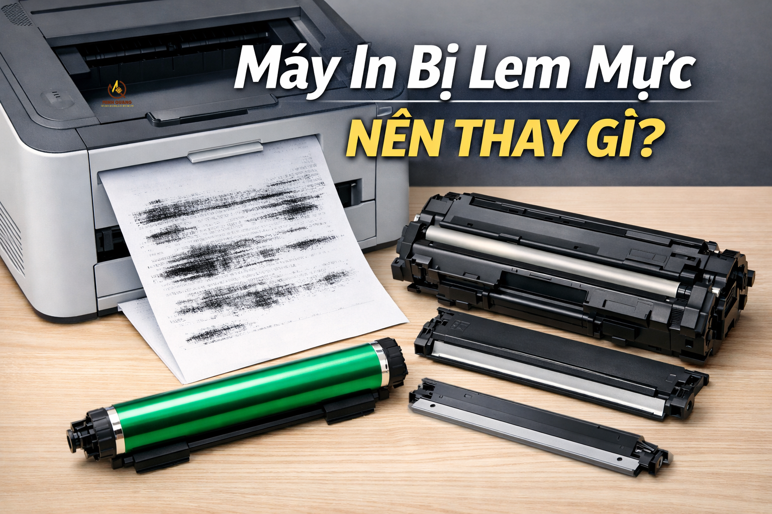 máy in bị lem mực và các bộ phận cần thay như drum gạt mực hộp mực.