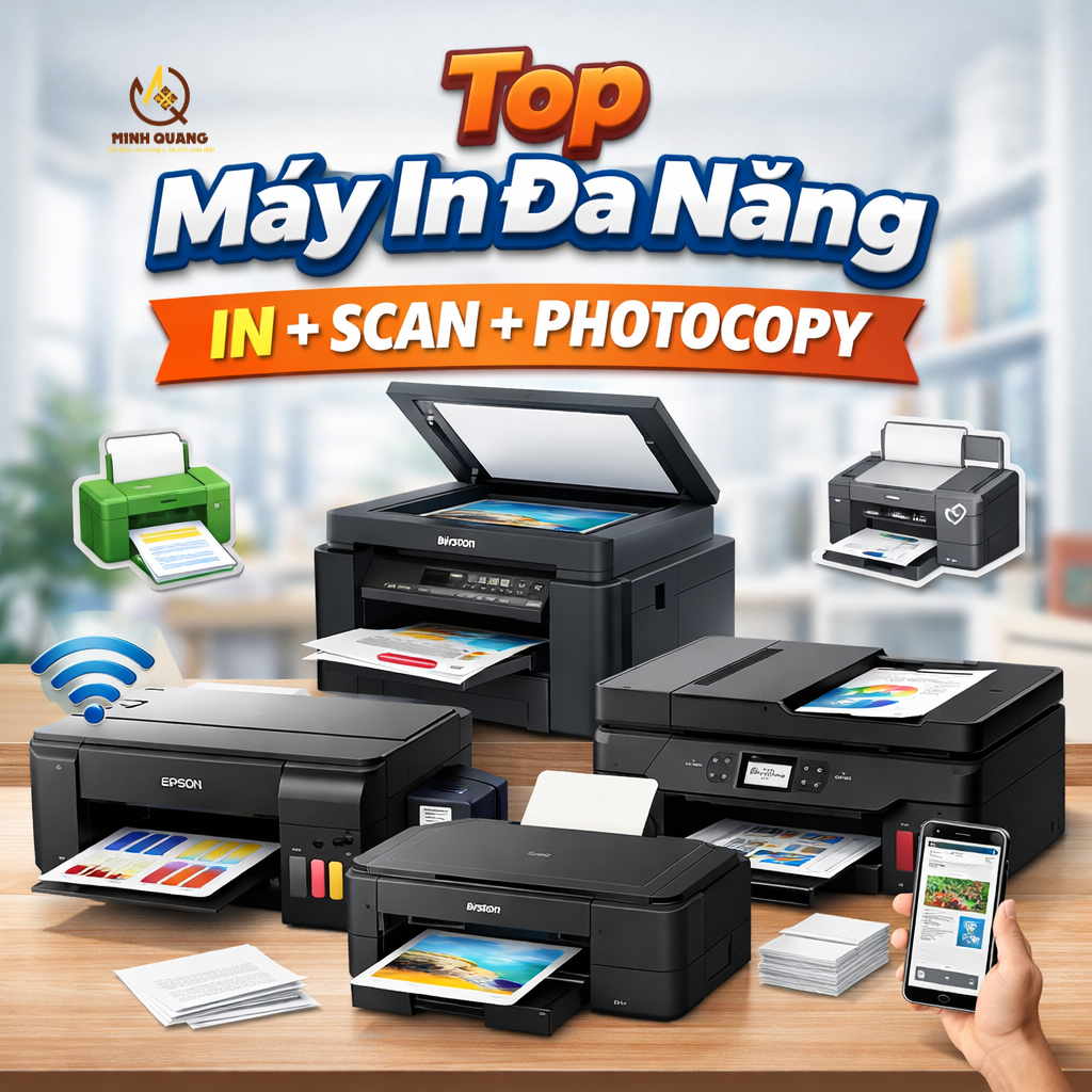 Top máy in đa năng tốt nhất hiện nay: máy in in scan photocopy WiFi của Epson, Canon, Brother, HP phù hợp gia đình và văn phòng.