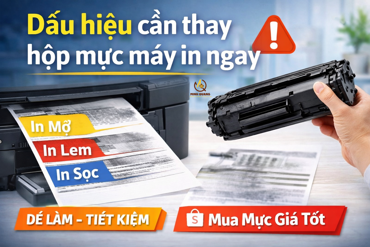 Dấu hiệu cần thay hộp mực máy in ngay in mờ lem sọc nguyên nhân do hết mực mua hộp mực giá rẻ Shopee.