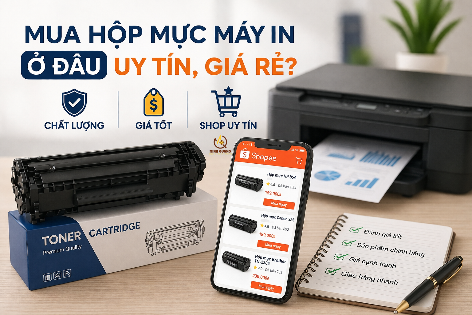 Mua hộp mực máy in ở đâu uy tín giá rẻ shopee mực in chính hãng in đẹp không lem cho HP Canon Brother.