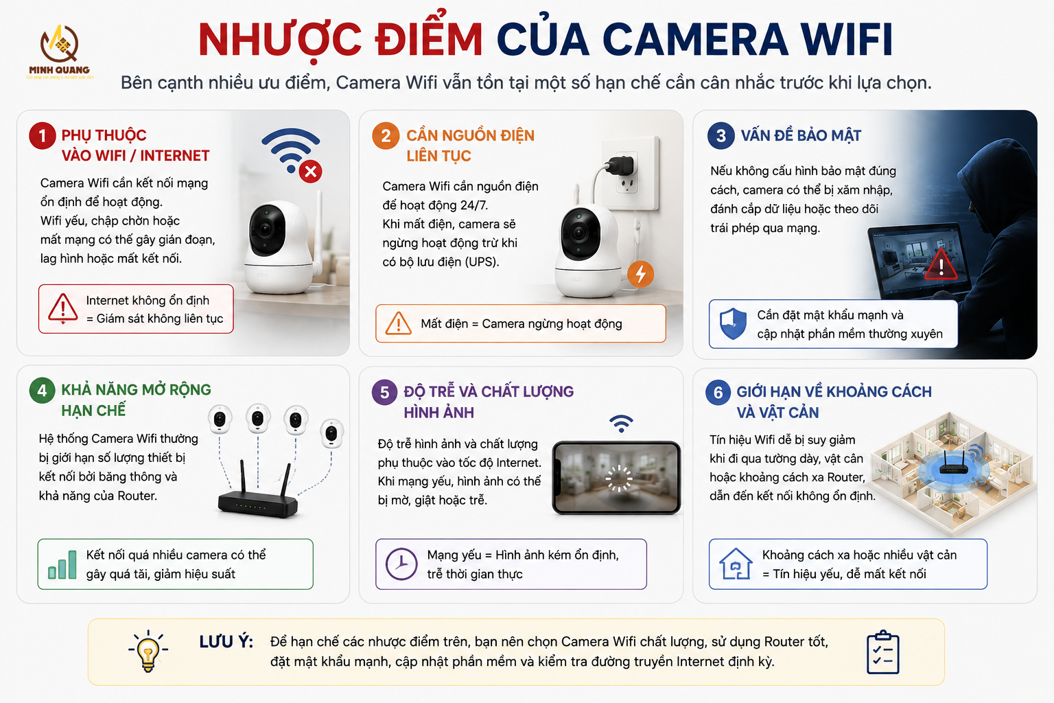 Nhược điểm của Camera Wifi gồm phụ thuộc Wifi, nguồn điện, bảo mật và khoảng cách kết nối