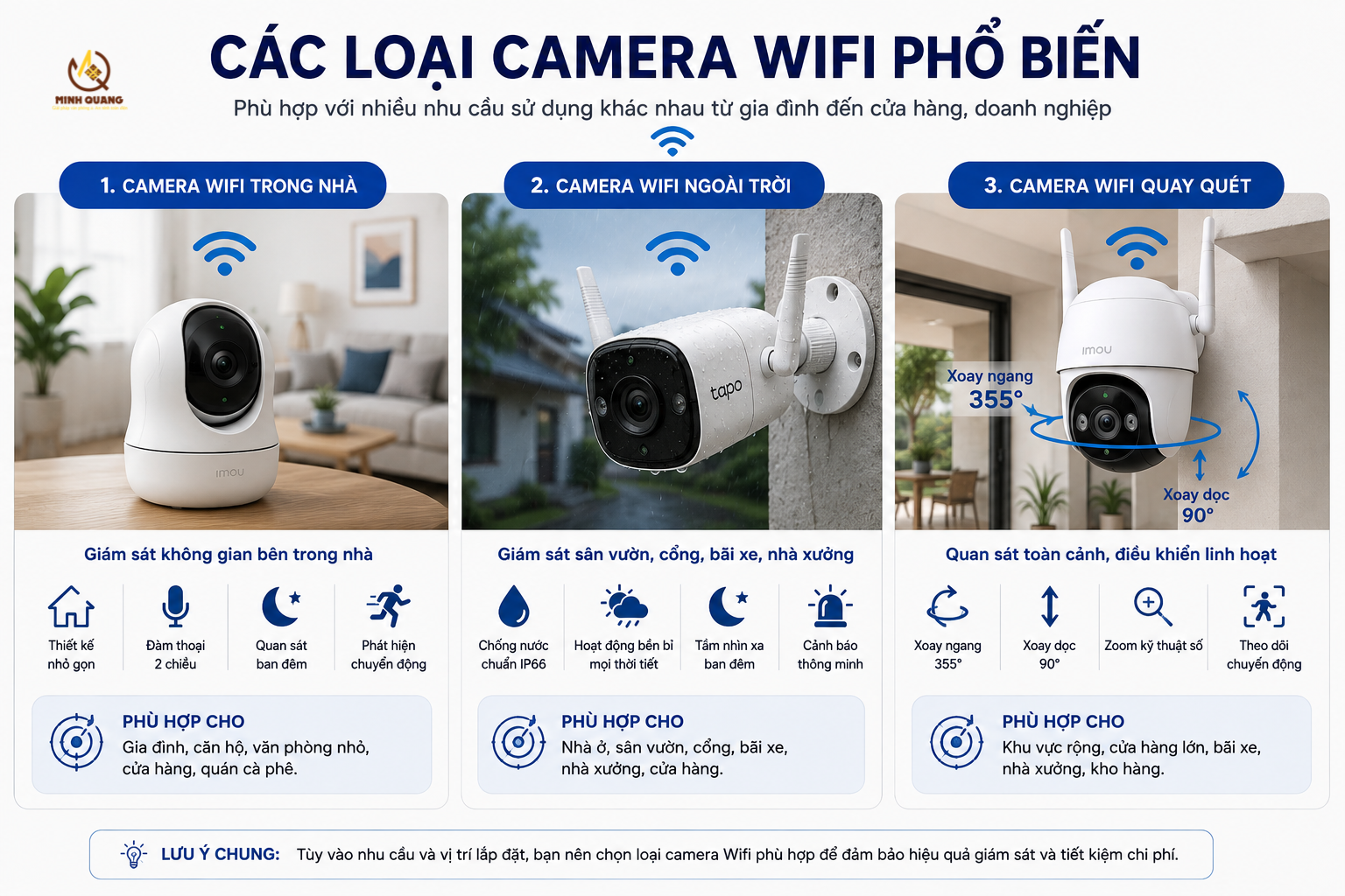 Các loại Camera Wifi trong nhà, ngoài trời và quay quét phù hợp nhiều nhu cầu giám sát
