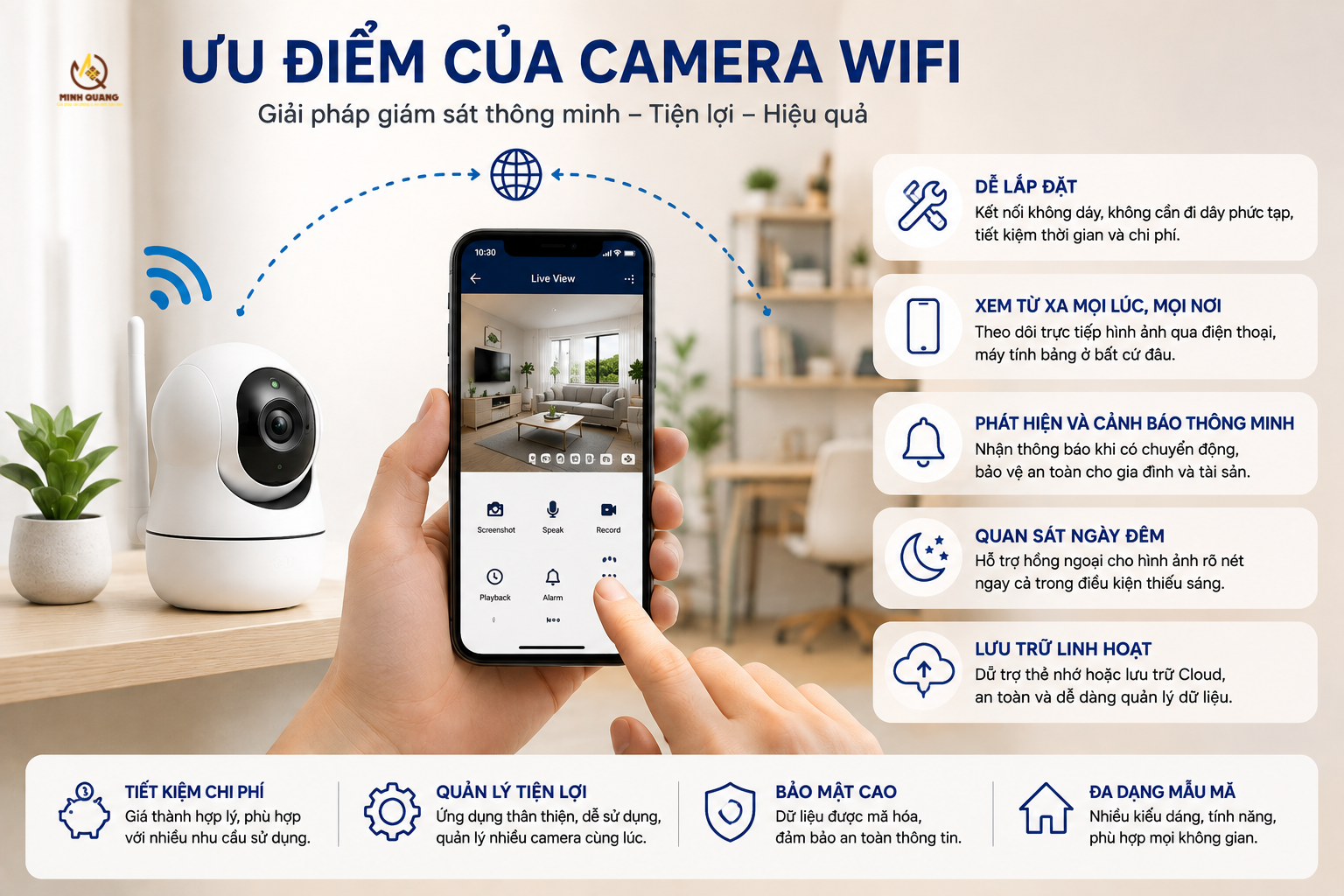 Ưu điểm của Camera Wifi gồm dễ lắp đặt, xem từ xa, phát hiện chuyển động và quản lý thuận tiện