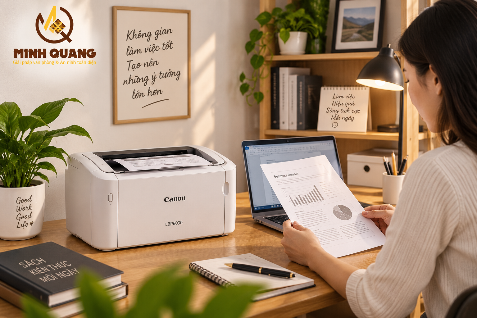 Máy in laser Canon LBP6030 trong góc làm việc gia đình
